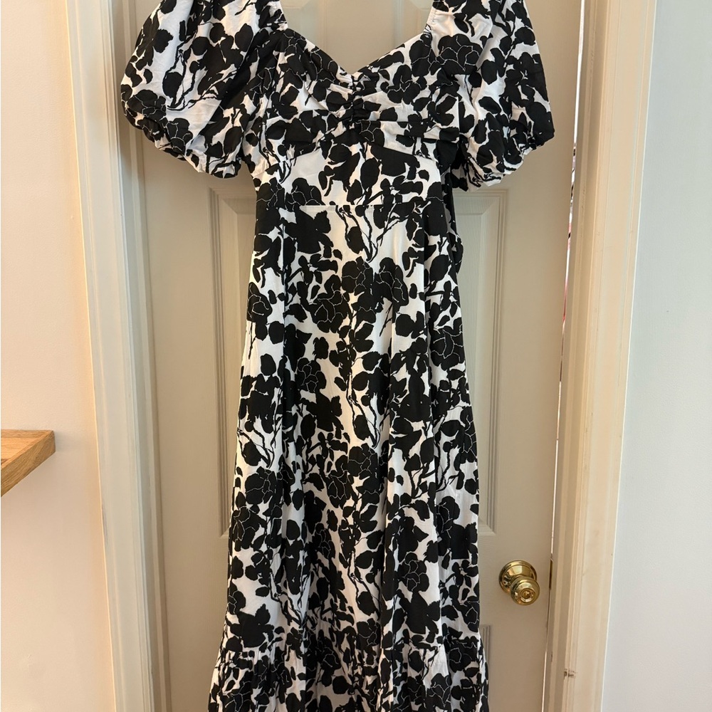 English Factory Black and White Floral Puff Sleeve Dress